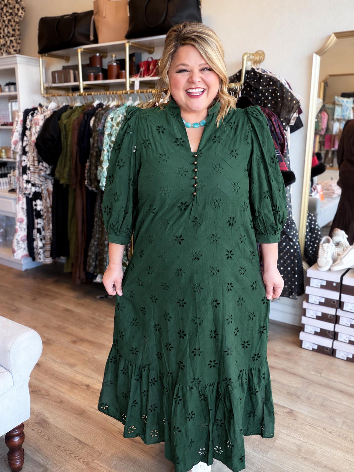 Whispers of Winter Curvy Dark Green Eyelet Midi Dress