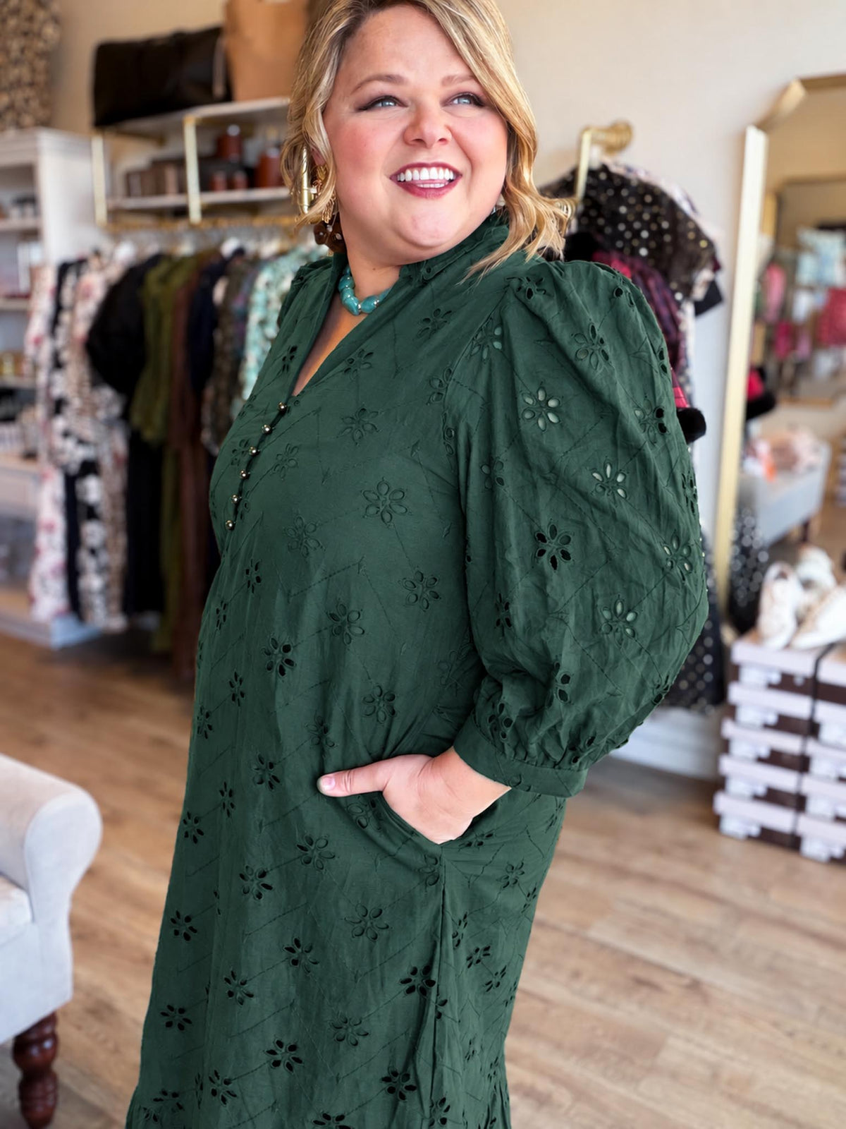 Whispers of Winter Curvy Dark Green Eyelet Midi Dress
