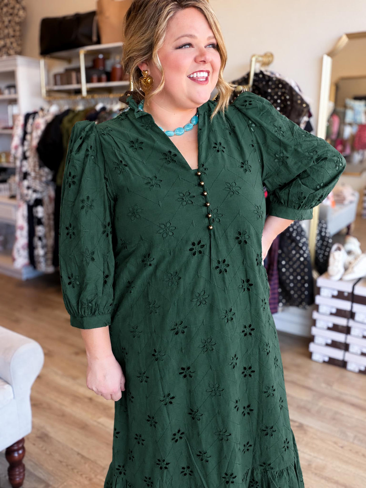 Whispers of Winter Curvy Dark Green Eyelet Midi Dress