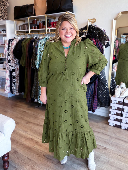 Whispers of Winter Curvy Olive Eyelet Midi Dress