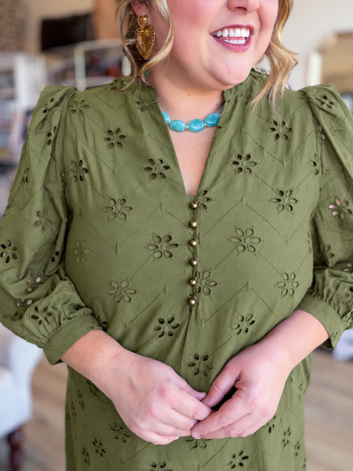 Whispers of Winter Curvy Olive Eyelet Midi Dress