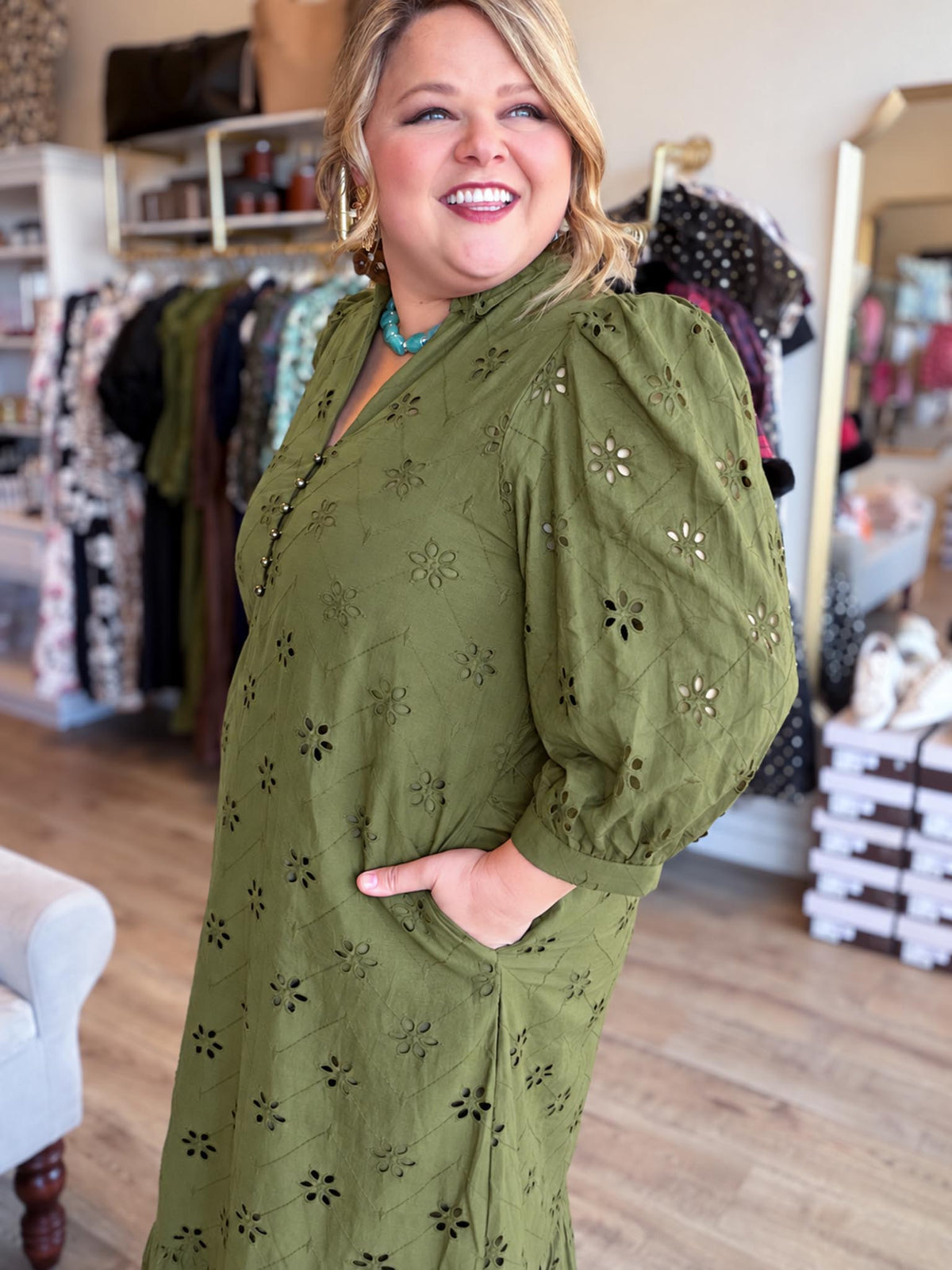 Whispers of Winter Curvy Olive Eyelet Midi Dress