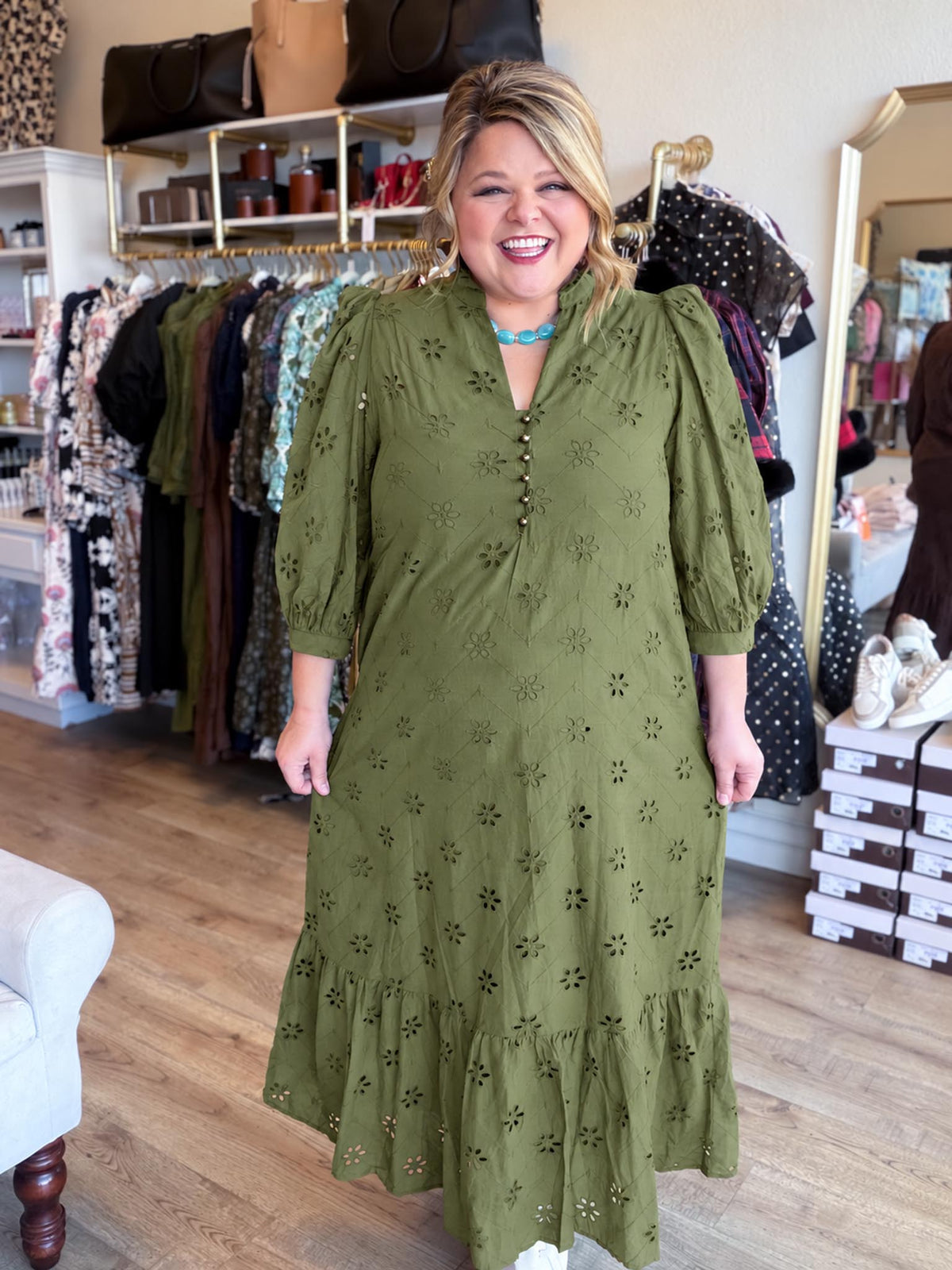 Whispers of Winter Curvy Olive Eyelet Midi Dress