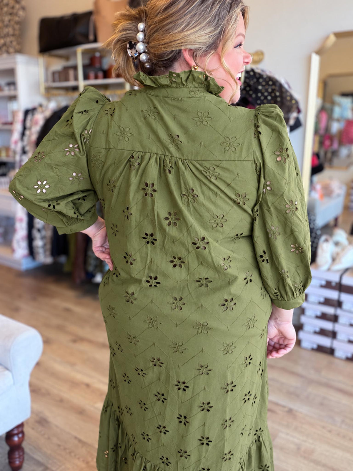 Whispers of Winter Curvy Olive Eyelet Midi Dress