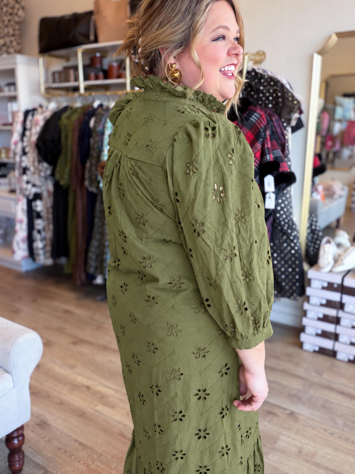 Whispers of Winter Curvy Olive Eyelet Midi Dress