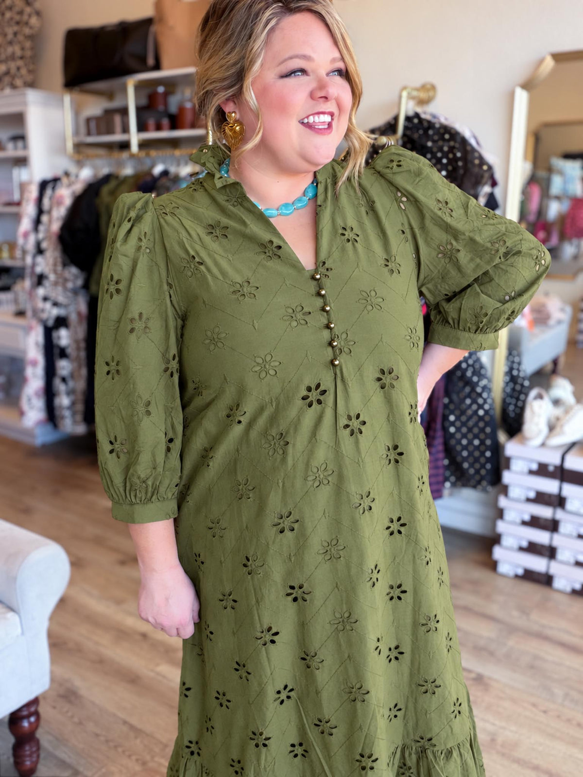 Whispers of Winter Curvy Olive Eyelet Midi Dress