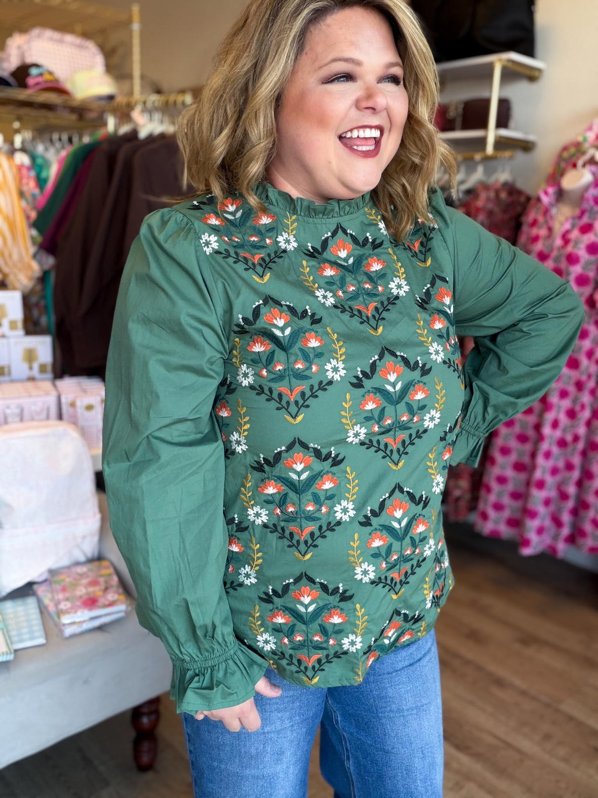 Wildflower Season Plus-Size Emerald Embroidered Top