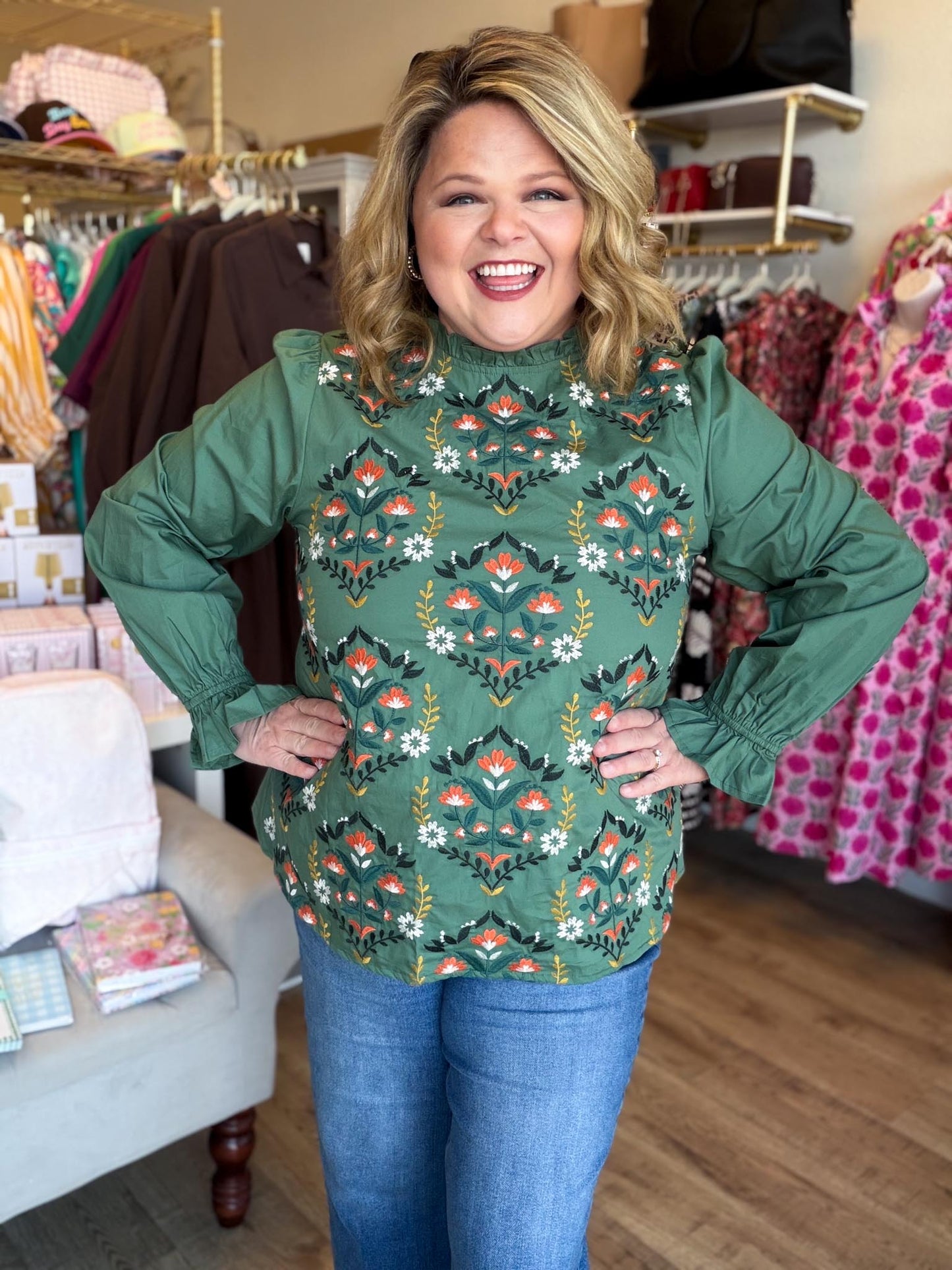 Wildflower Season Plus-Size Emerald Embroidered Top