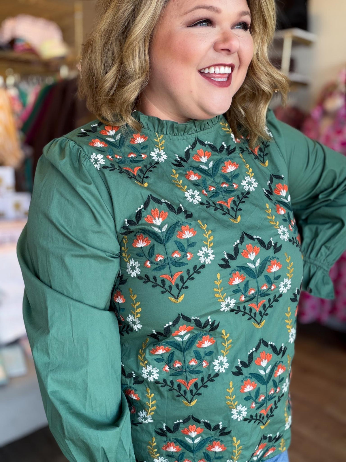 Wildflower Season Plus-Size Emerald Embroidered Top