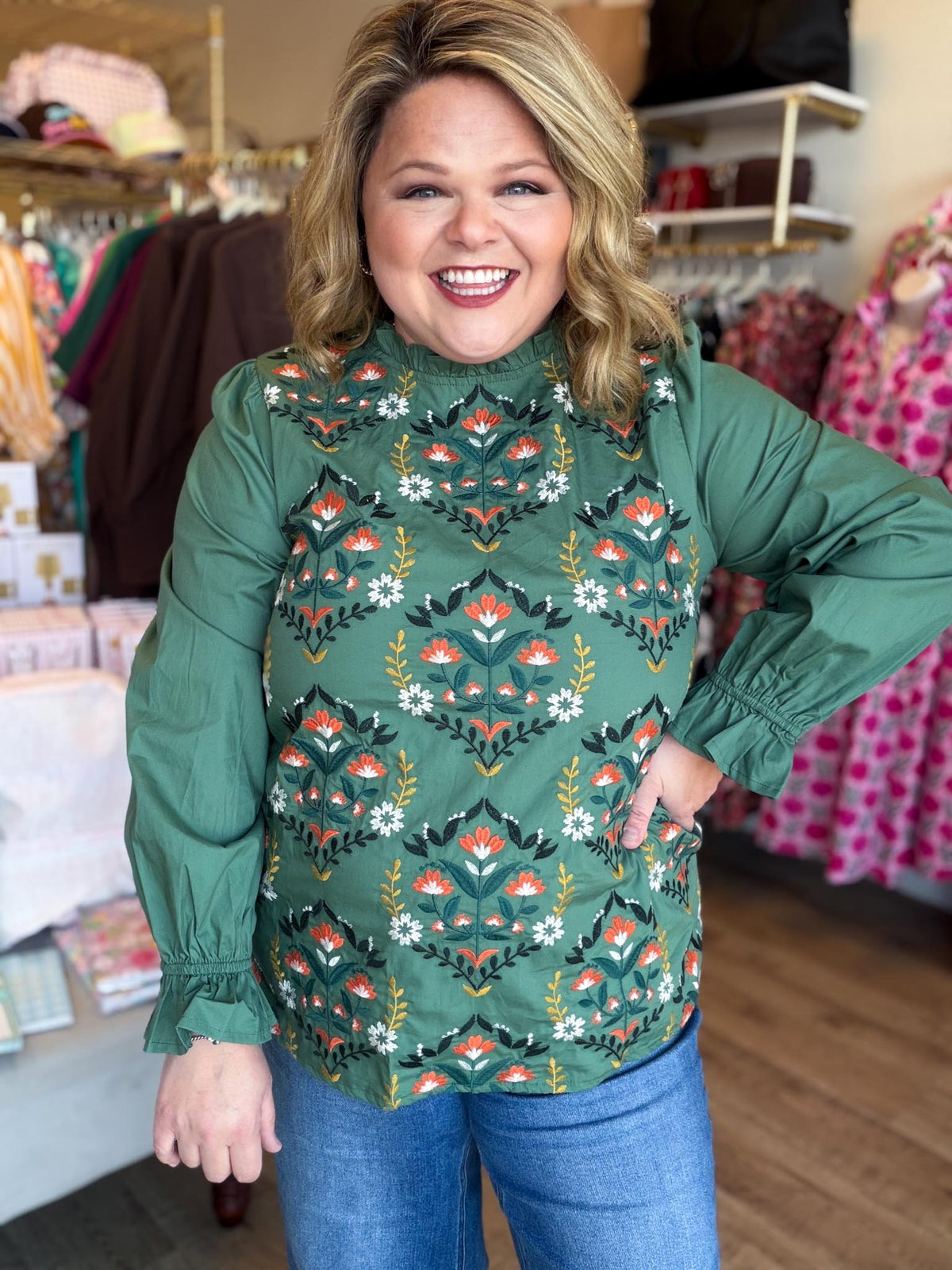 Wildflower Season Plus-Size Emerald Embroidered Top