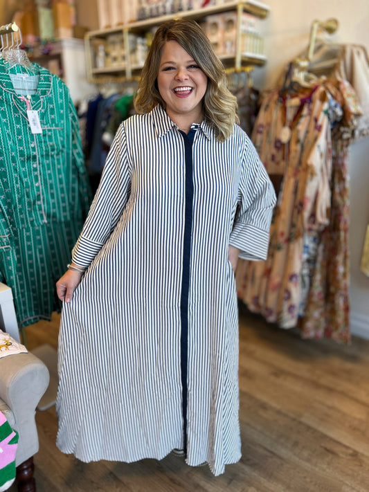 Winter Wonderland Curvy Indigo Stripe Maxi Dress