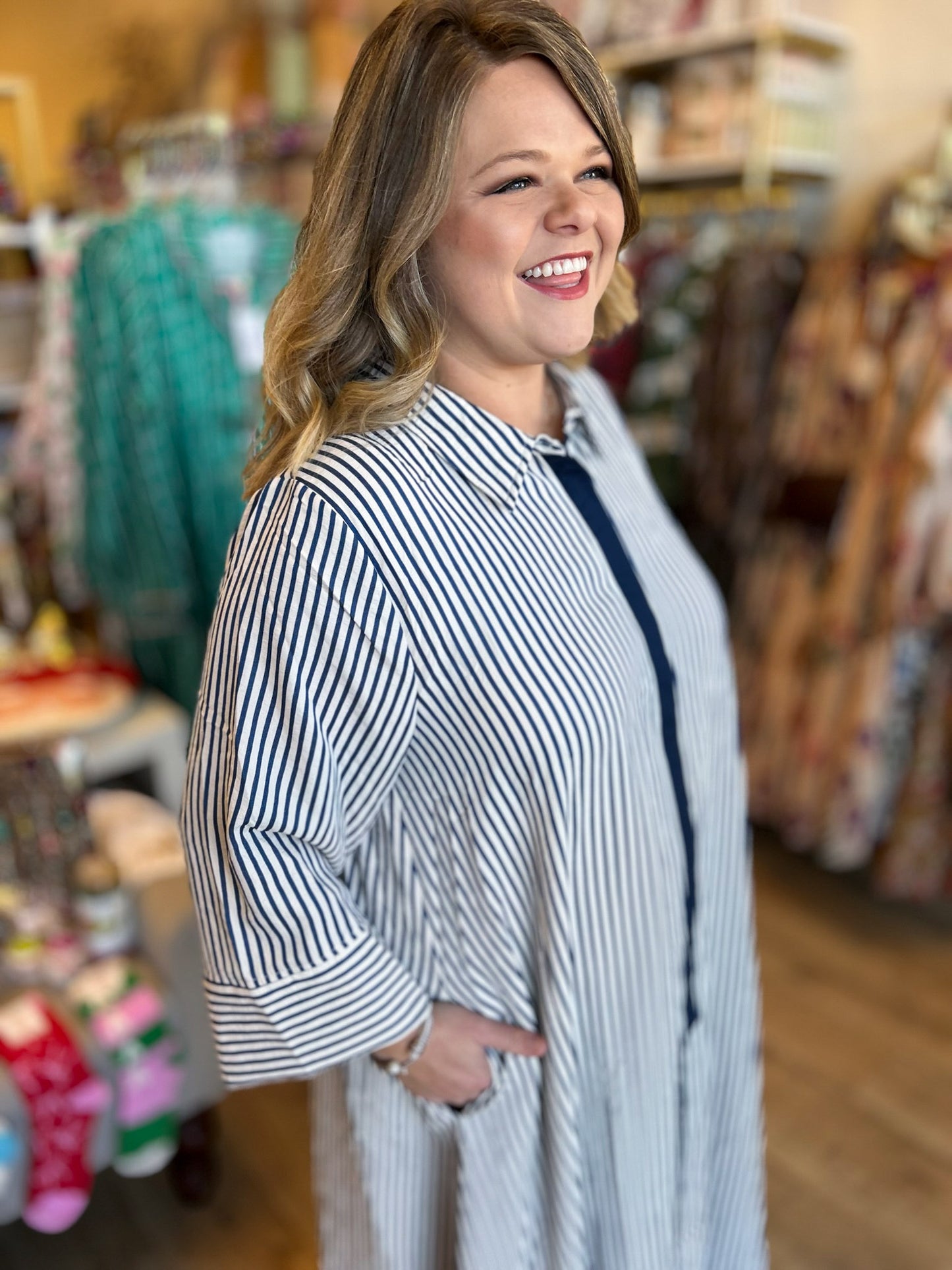 Winter Wonderland Curvy Indigo Stripe Maxi Dress