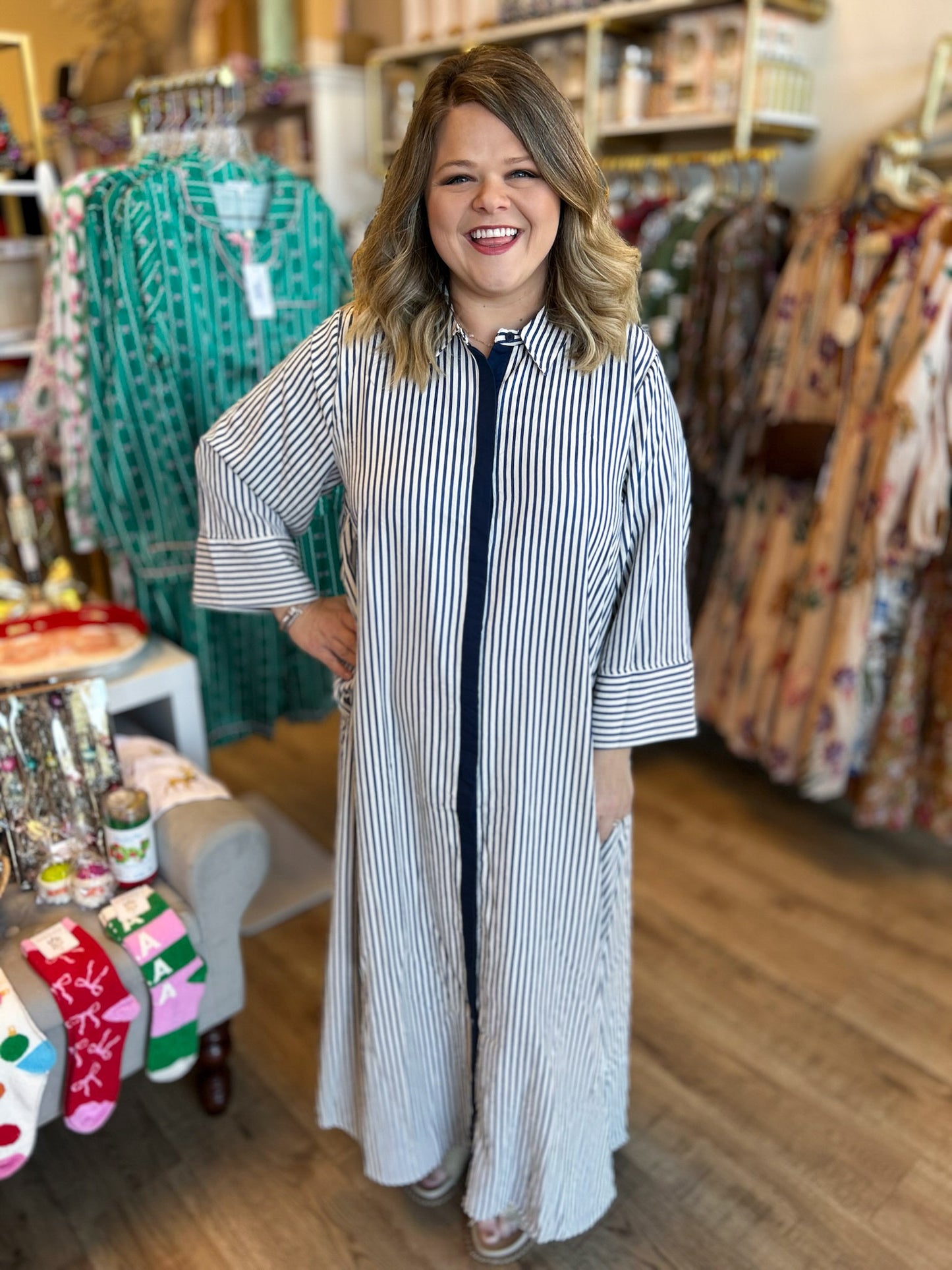 Winter Wonderland Curvy Indigo Stripe Maxi Dress