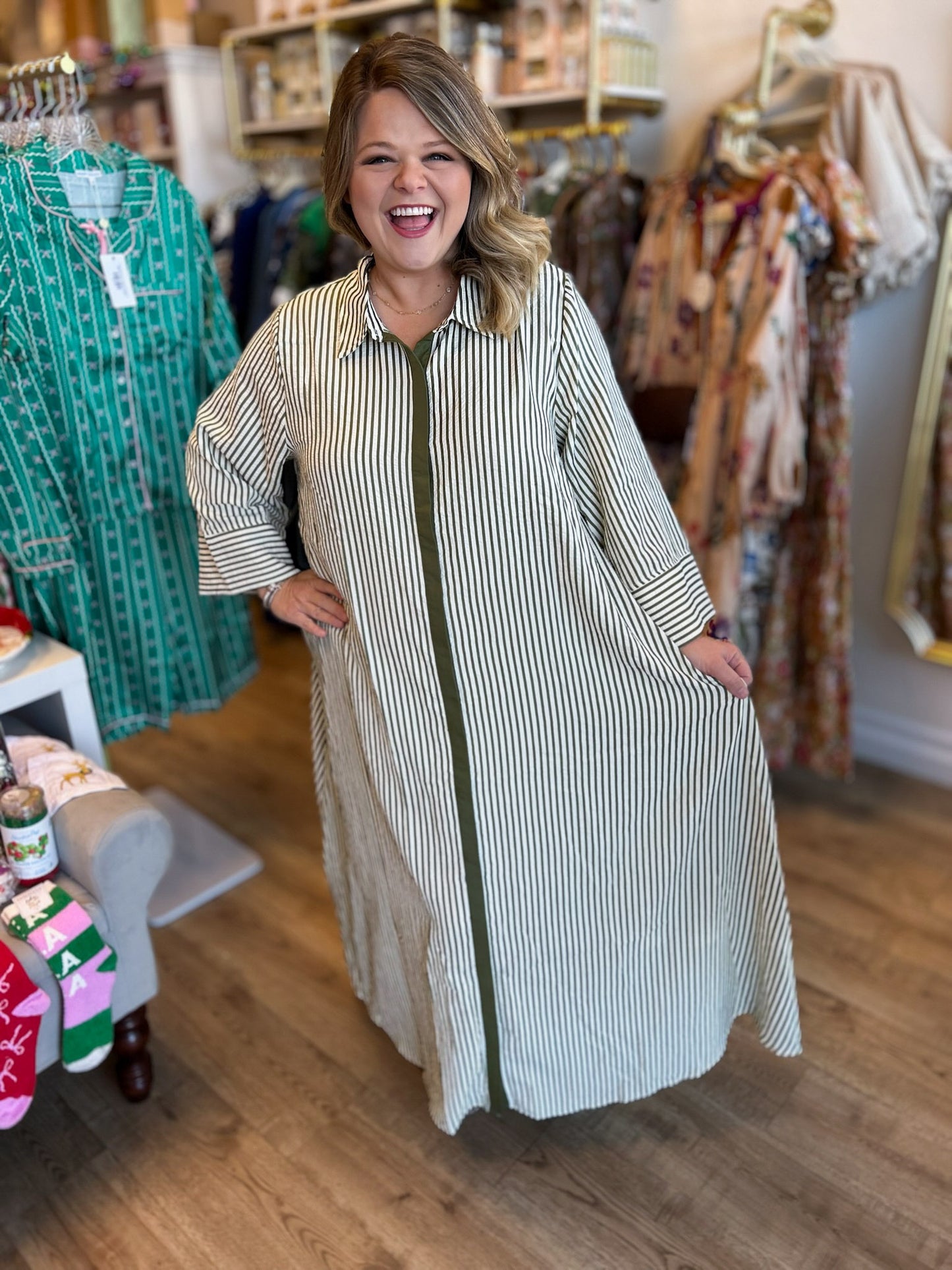 Winter Wonderland Curvy Olive Stripe Maxi Dress