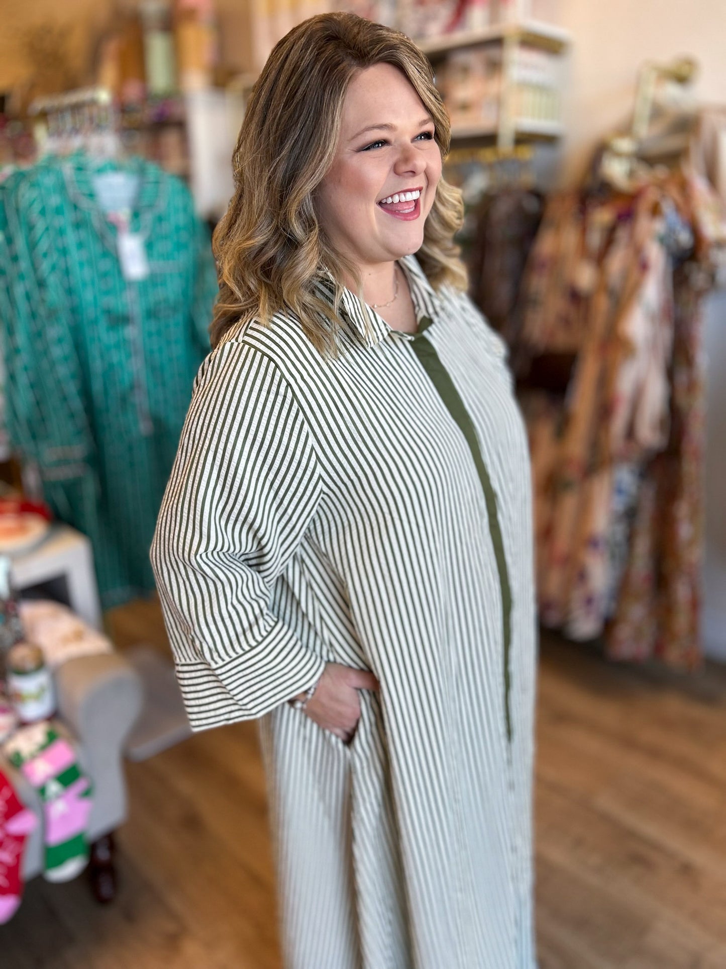 Winter Wonderland Curvy Olive Stripe Maxi Dress