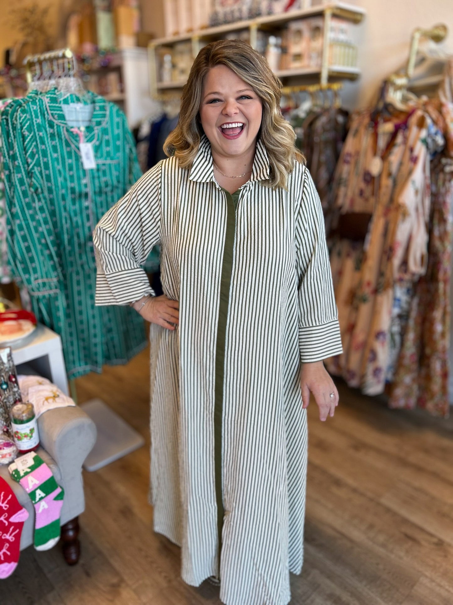 Winter Wonderland Curvy Olive Stripe Maxi Dress