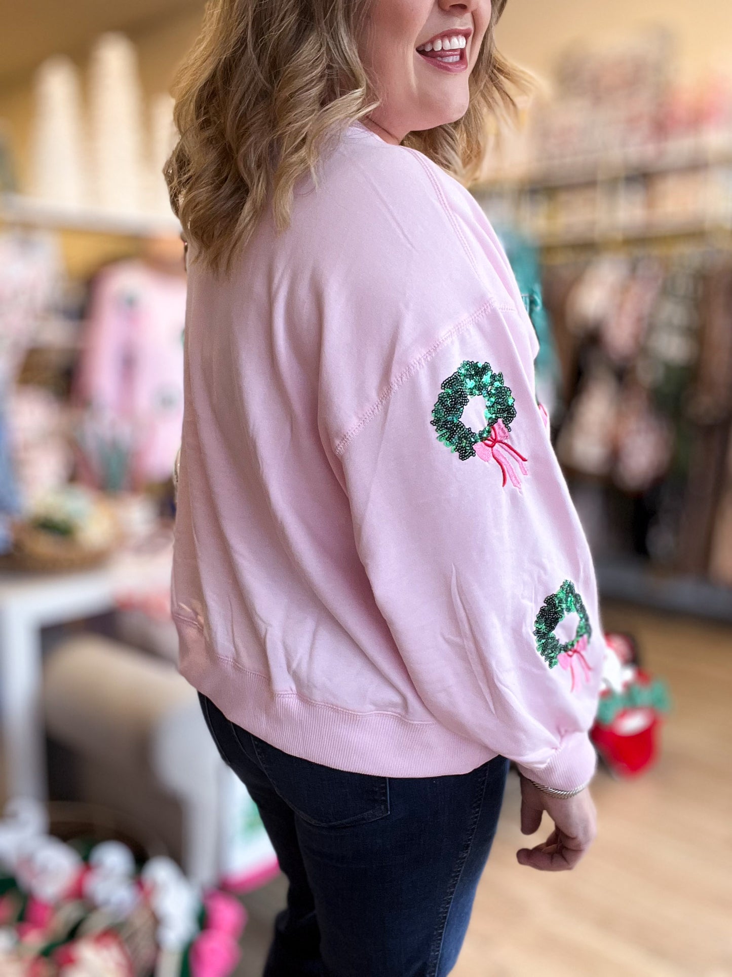 Winter Wreaths Curvy Cropped Sequin Sweatshirt