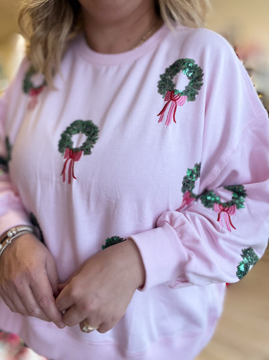 Winter Wreaths Curvy Cropped Sequin Sweatshirt