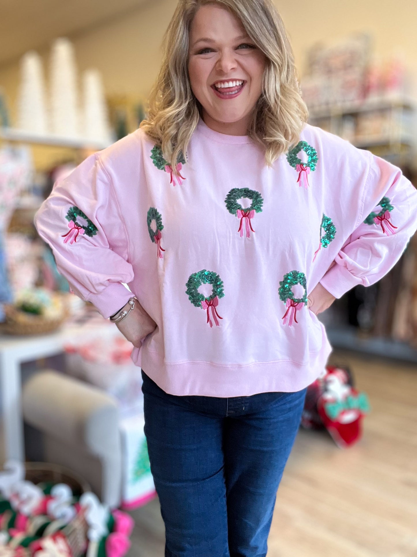 Winter Wreaths Curvy Cropped Sequin Sweatshirt