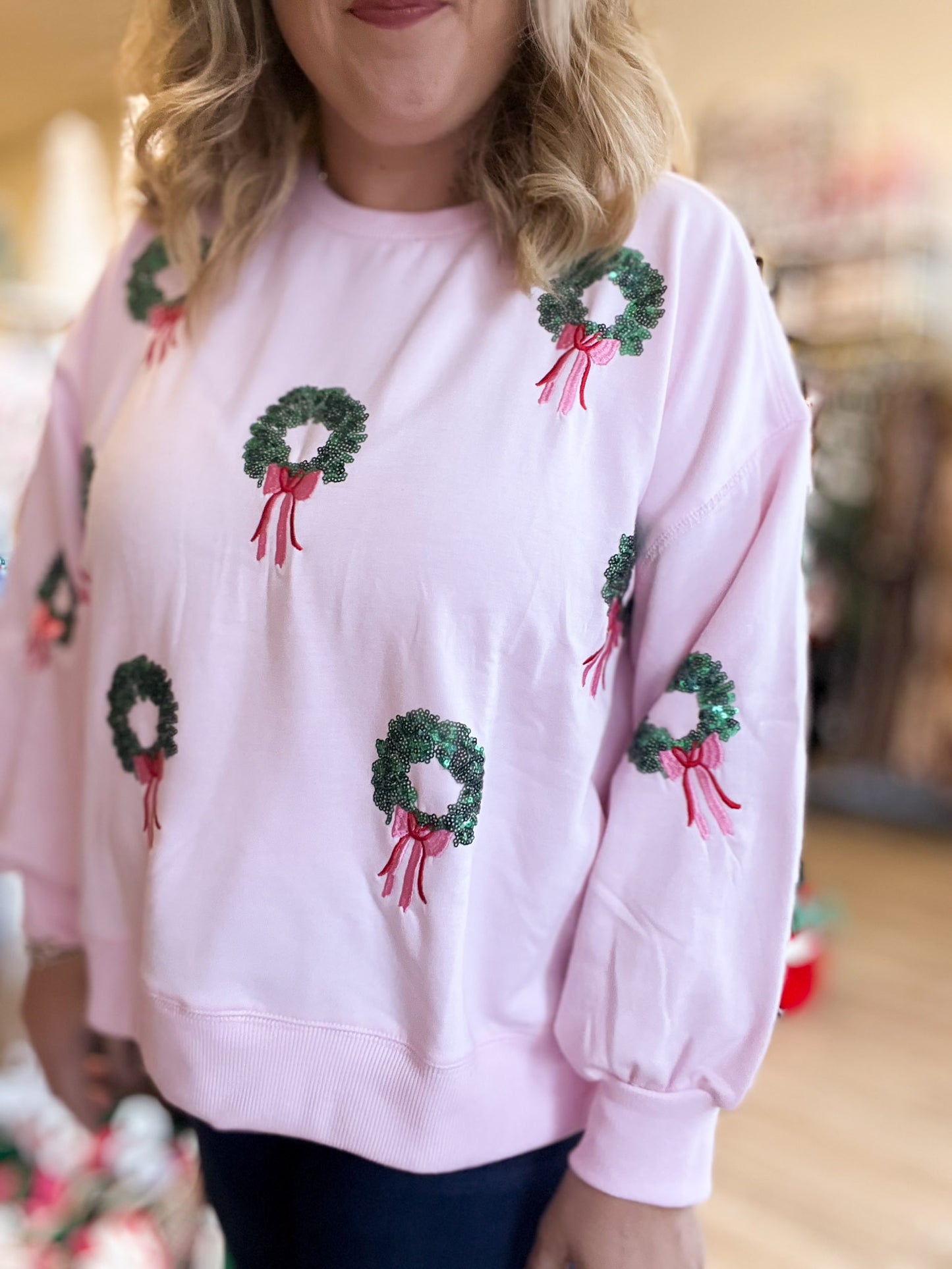 Winter Wreaths Curvy Cropped Sequin Sweatshirt
