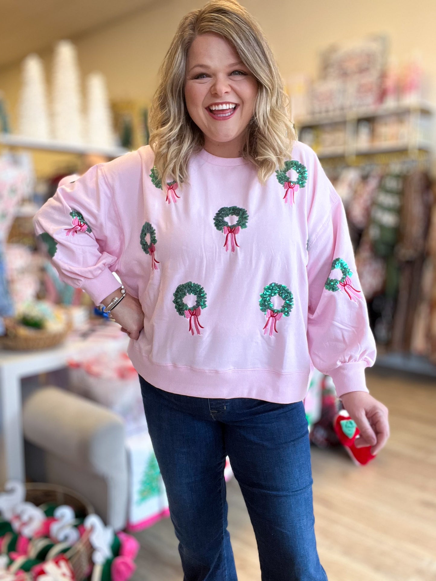 Winter Wreaths Curvy Cropped Sequin Sweatshirt