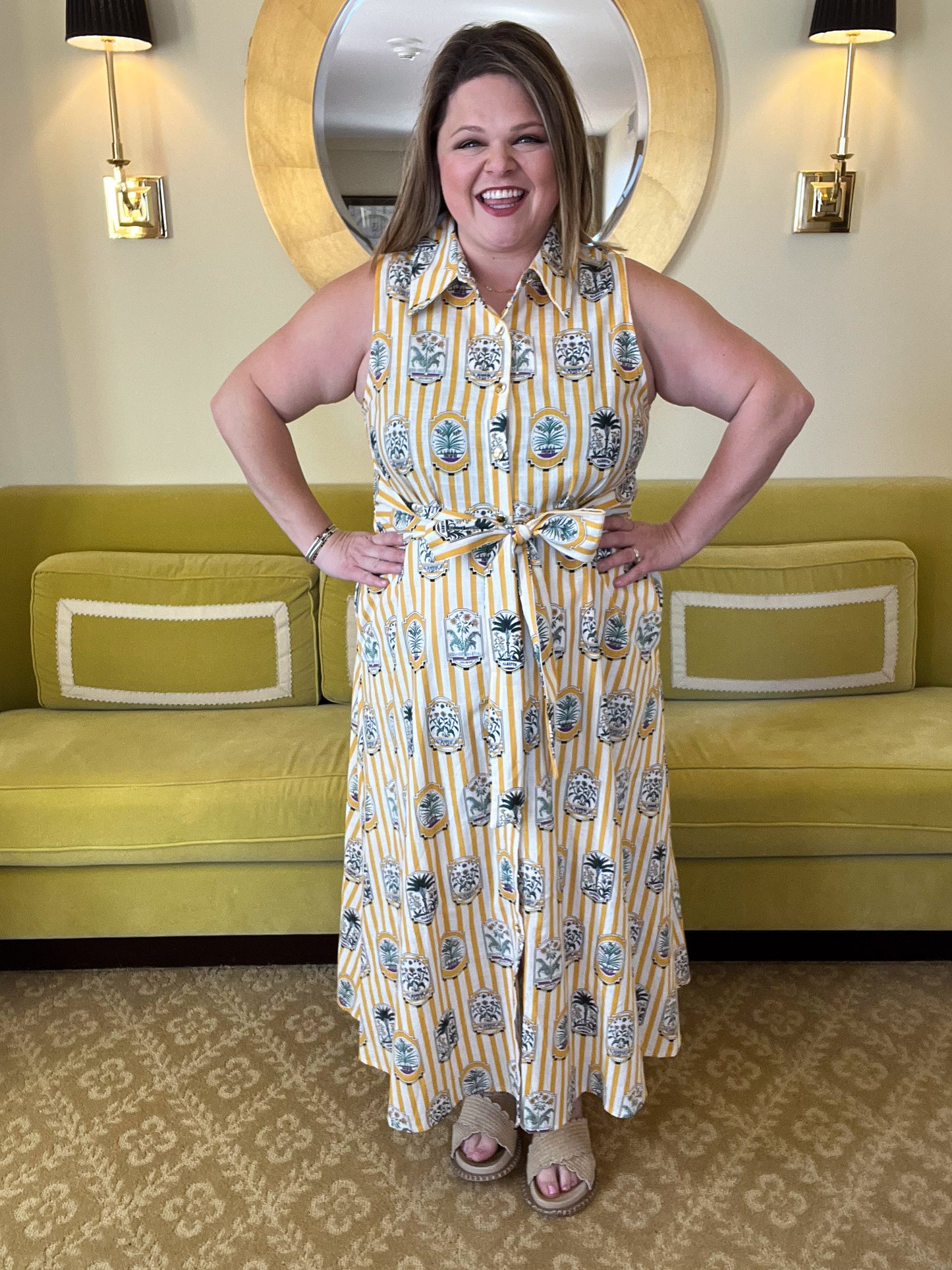 Wish You Were Here Curvy Striped Gold Midi Dress