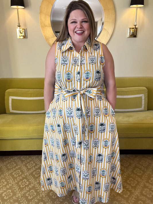 Wish You Were Here Curvy Striped Gold Midi Dress