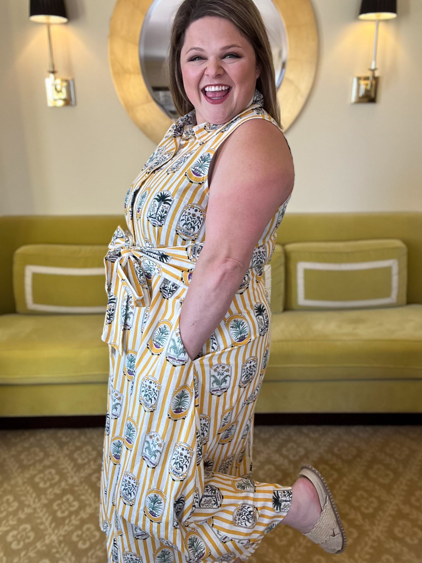 Wish You Were Here Curvy Striped Gold Midi Dress