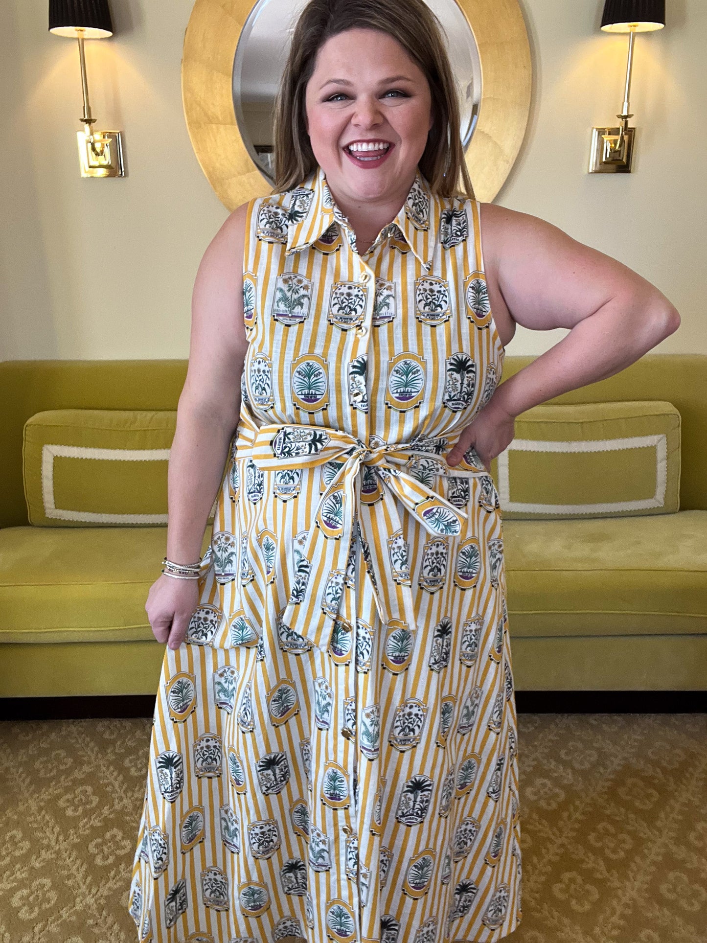 Wish You Were Here Curvy Striped Gold Midi Dress