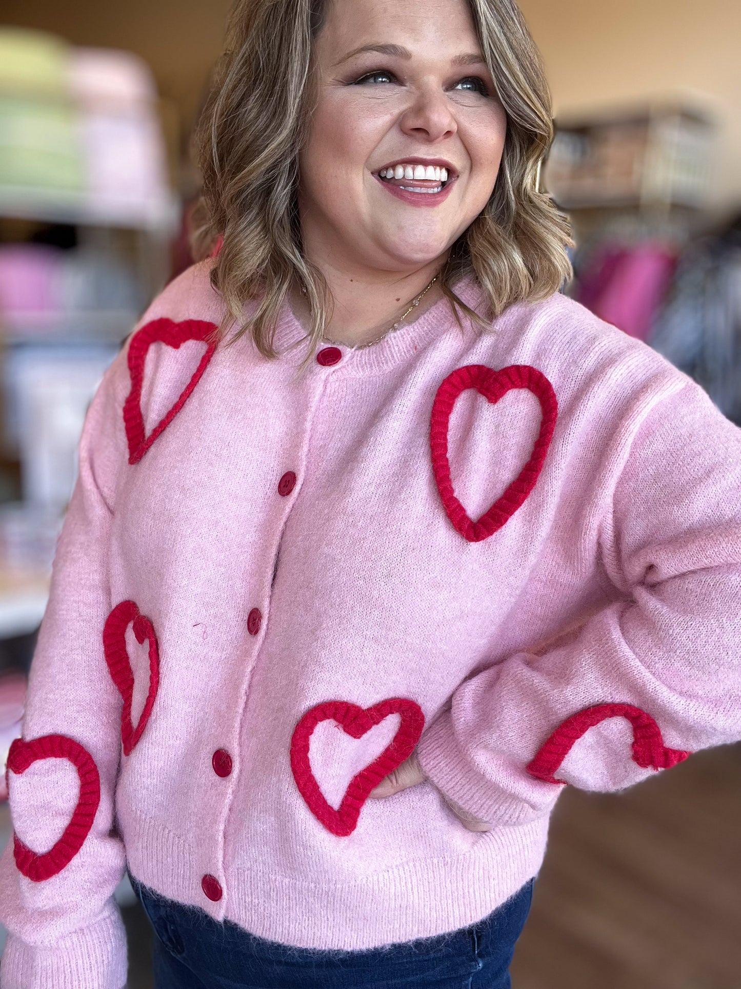 X's and O's Plus-Size Fuzzy Heart Cropped Cardigan