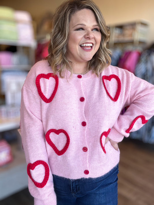 X's and O's Plus-Size Fuzzy Heart Cropped Cardigan