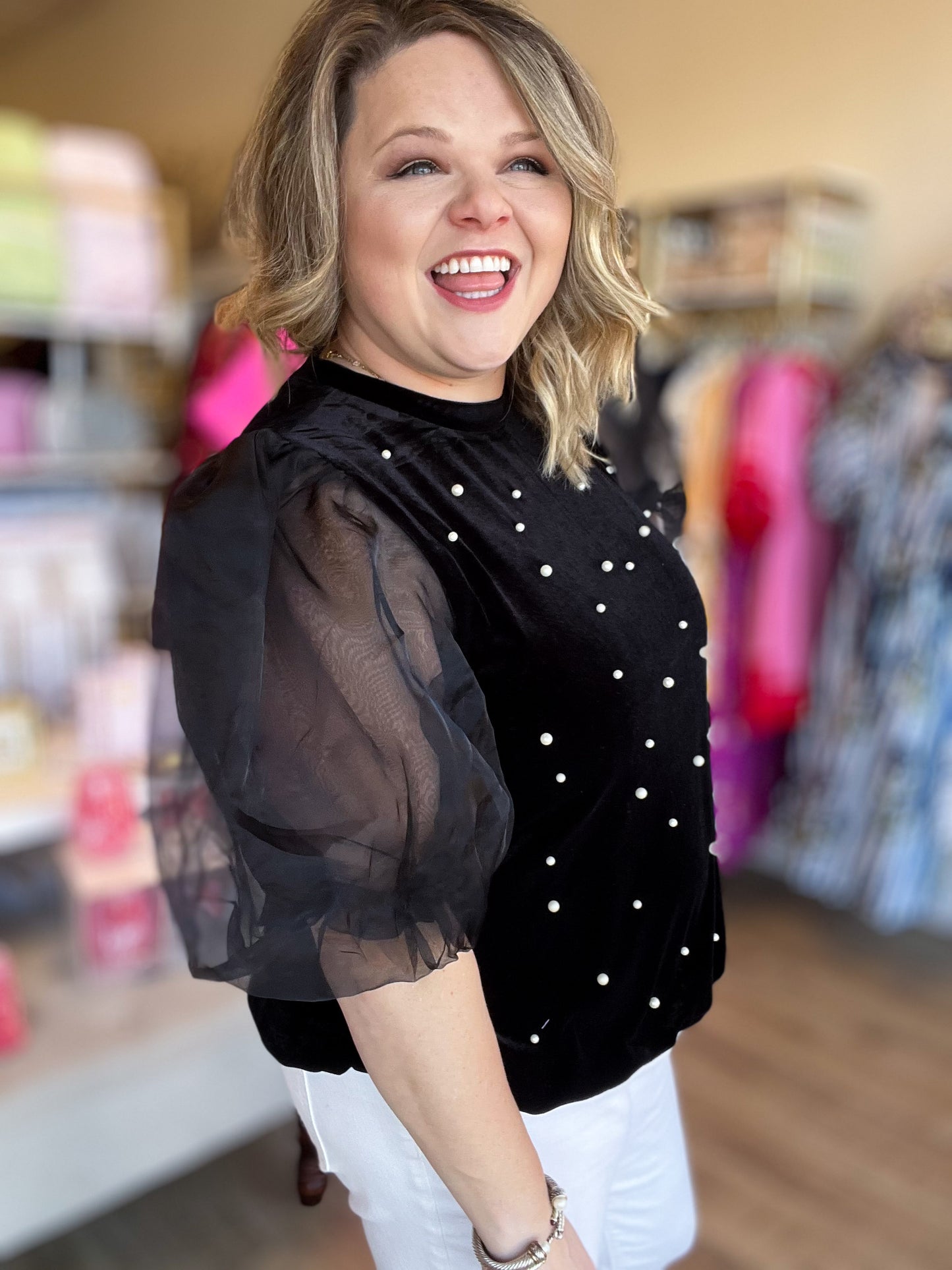 You're Still the One Plus-Size Velvet Organza Sleeve Pearl Top