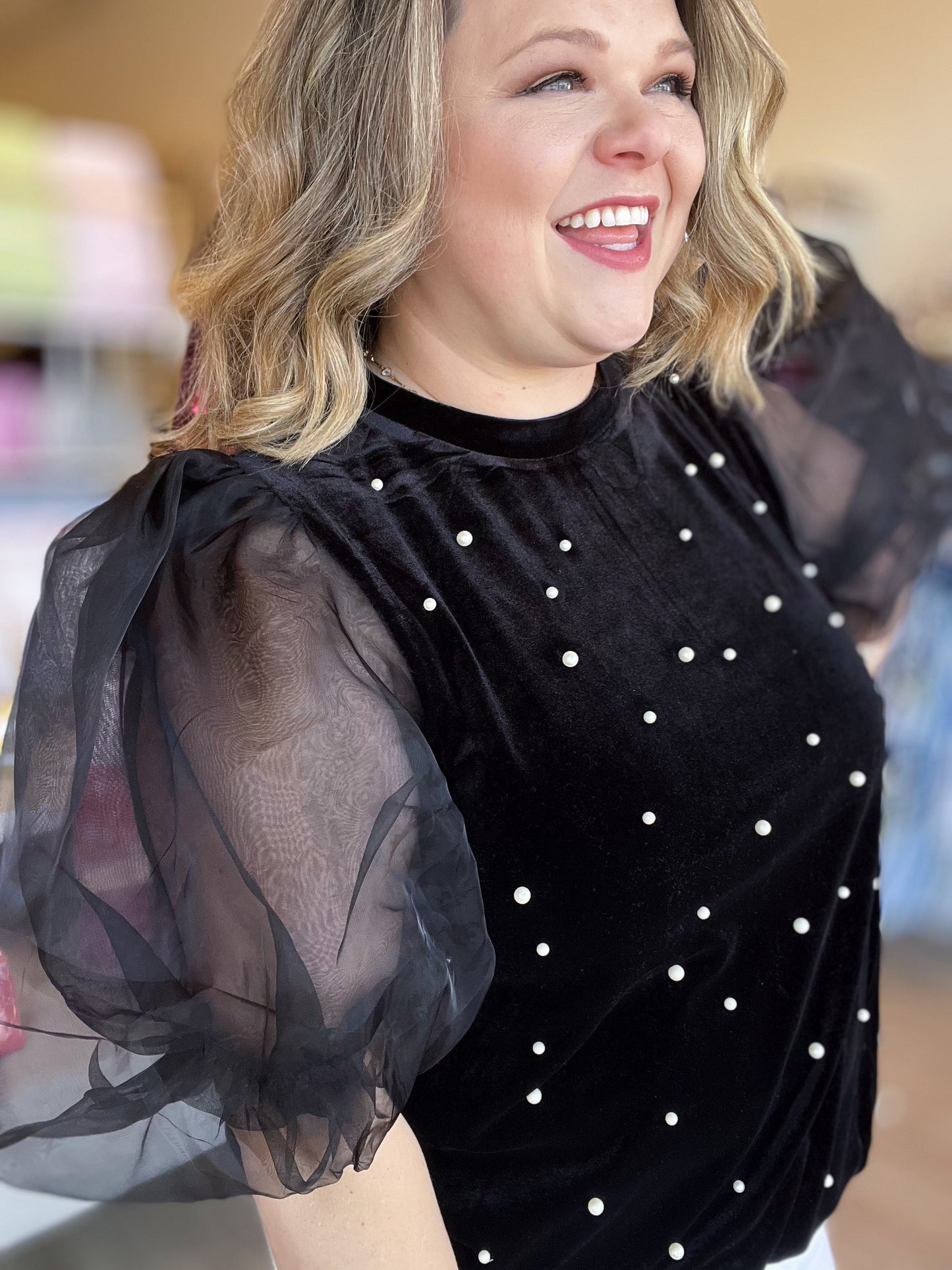You're Still the One Plus-Size Velvet Organza Sleeve Pearl Top