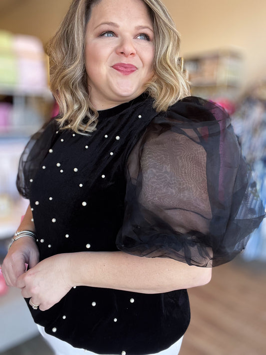 You're Still the One Plus-Size Velvet Organza Sleeve Pearl Top