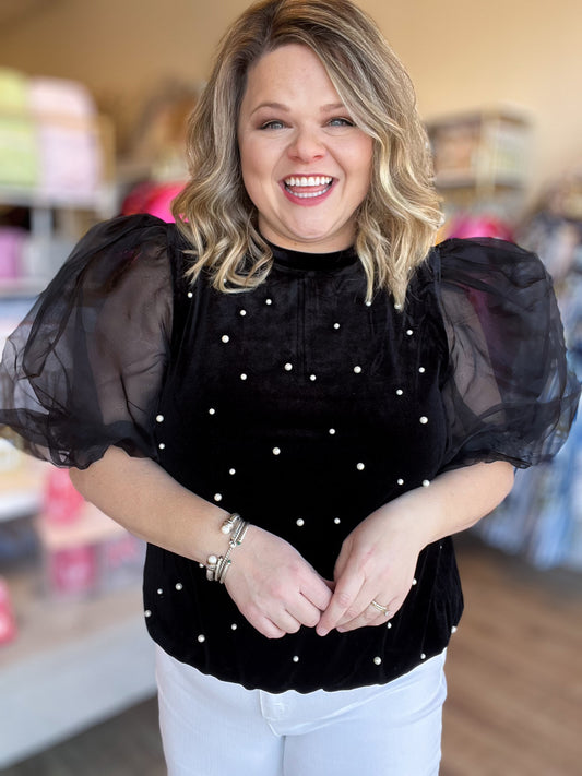You're Still the One Plus-Size Velvet Organza Sleeve Pearl Top