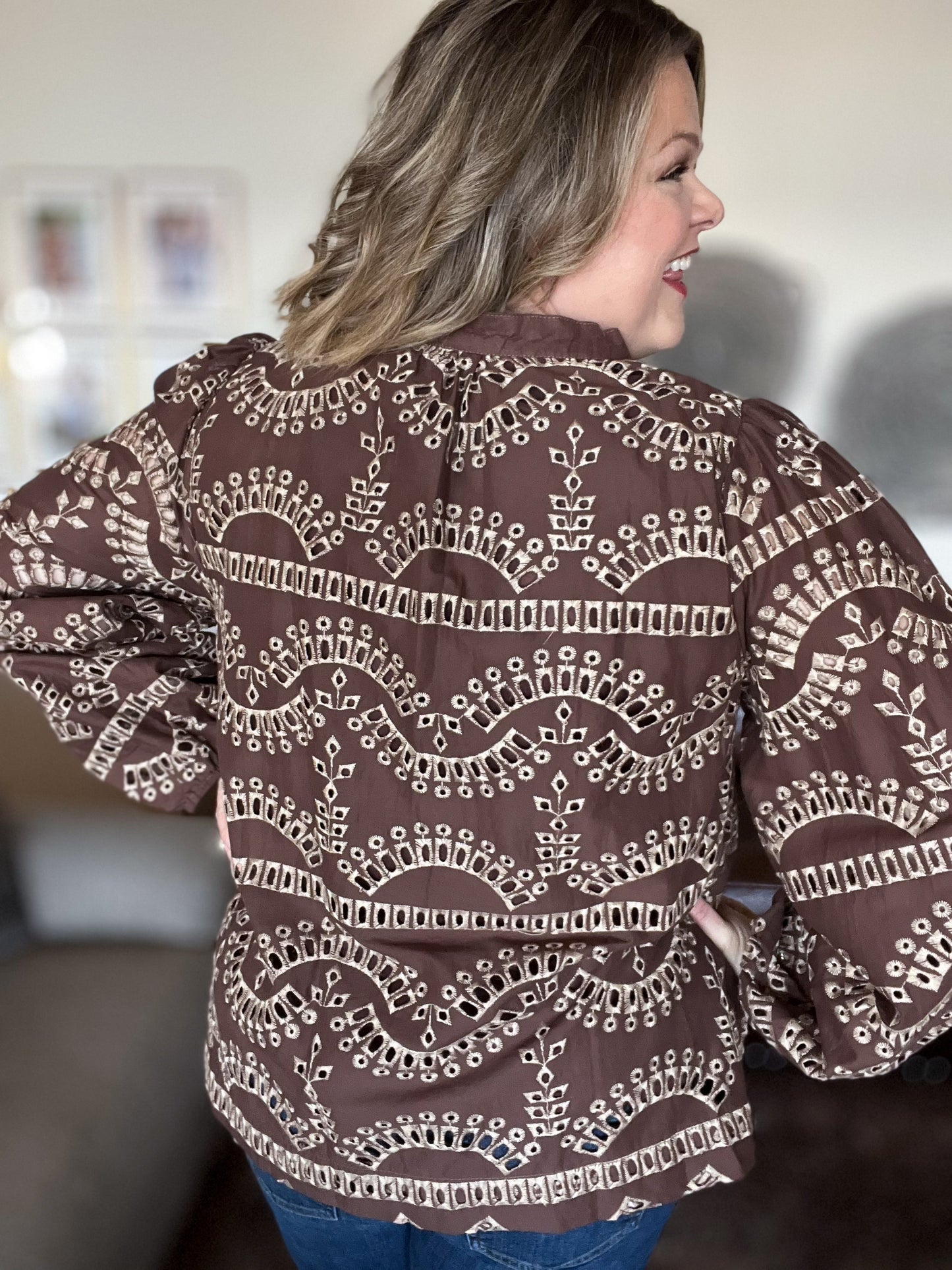 You’re a Jewel Curvy Brown Eyelet Top