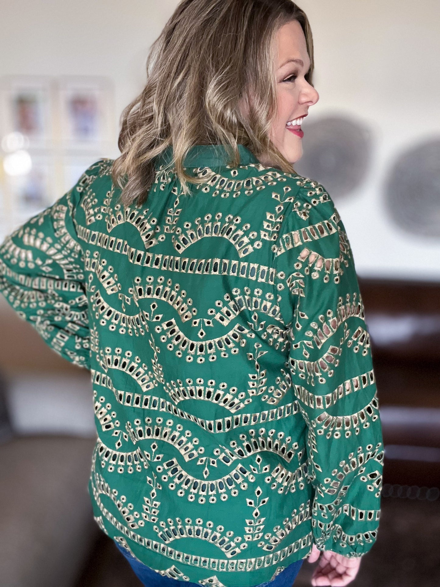 You're a Jewel Curvy Green Eyelet Top