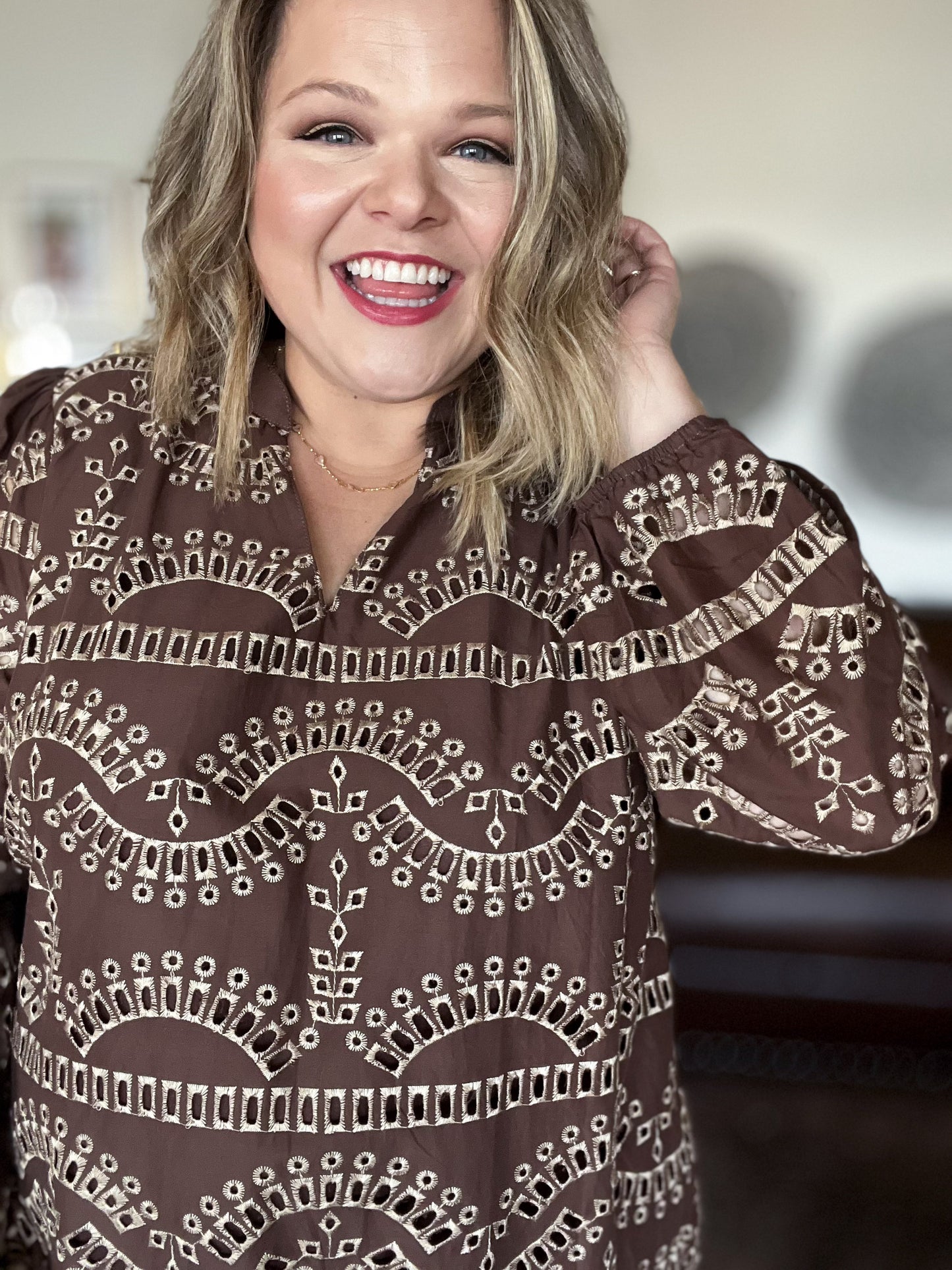 You’re a Jewel Curvy Brown Eyelet Top