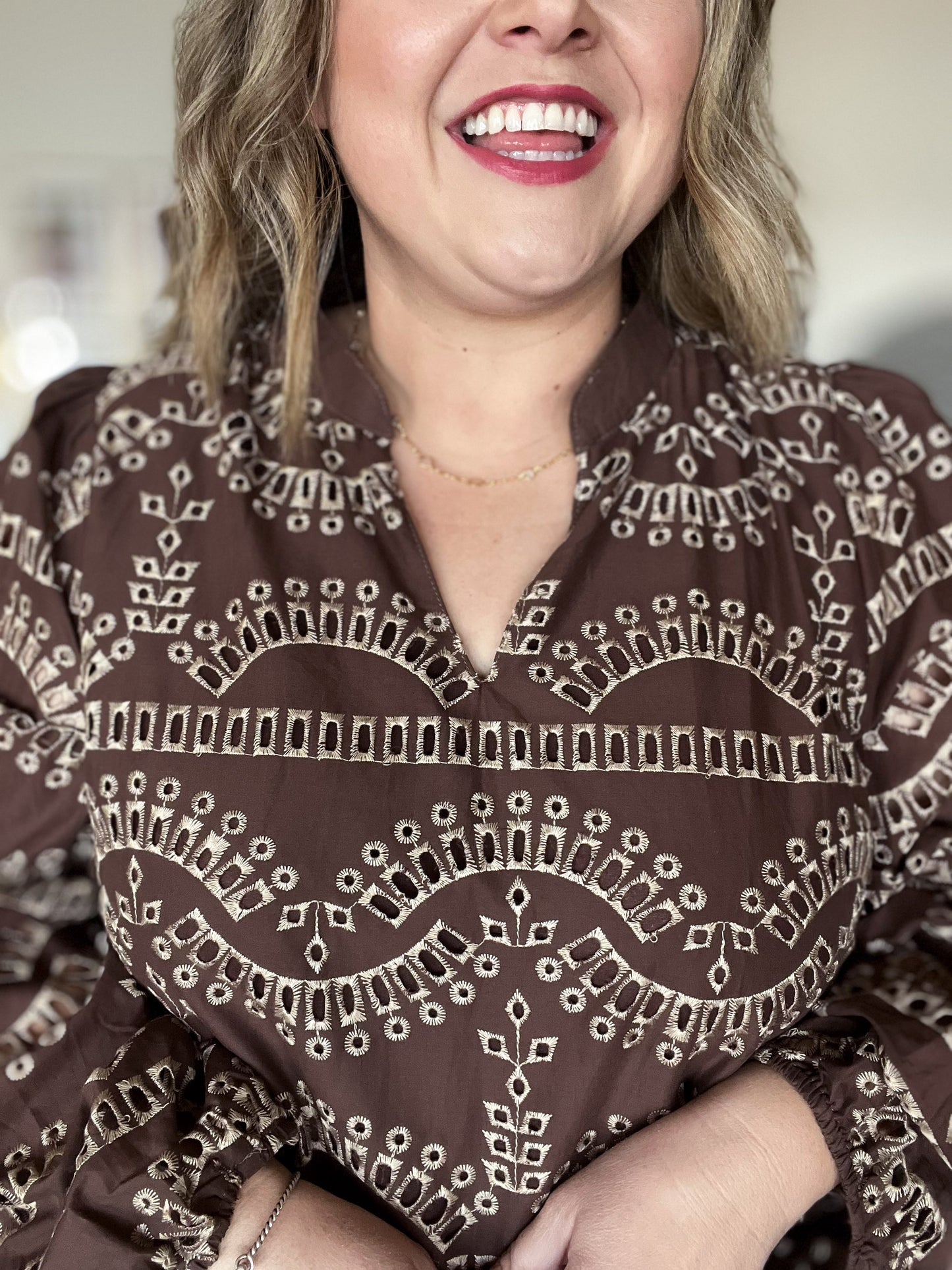 You’re a Jewel Curvy Brown Eyelet Top