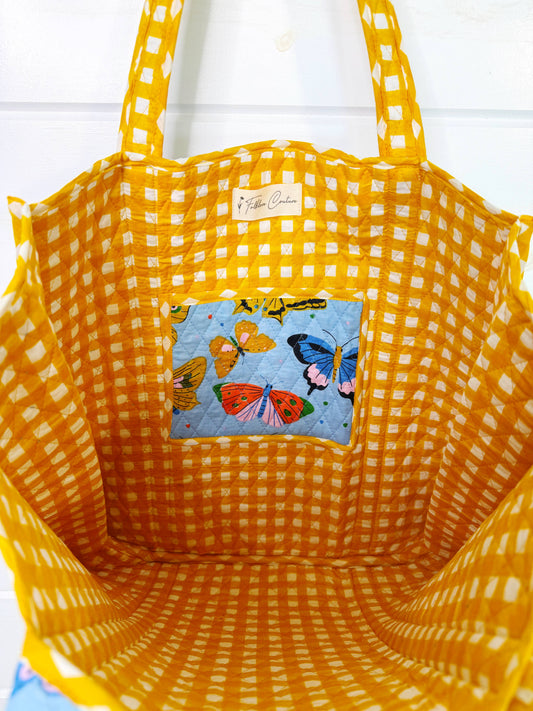 Blue Butterfly Print Large Quilted Tote Bag