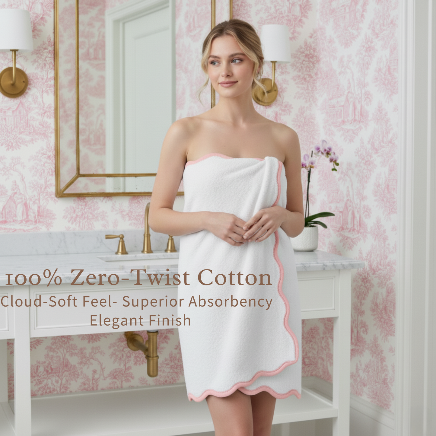 Luxury Cotton Hand Towels with Scallop Piping: Pink Piping / Hand Towel (4 Piece Set)