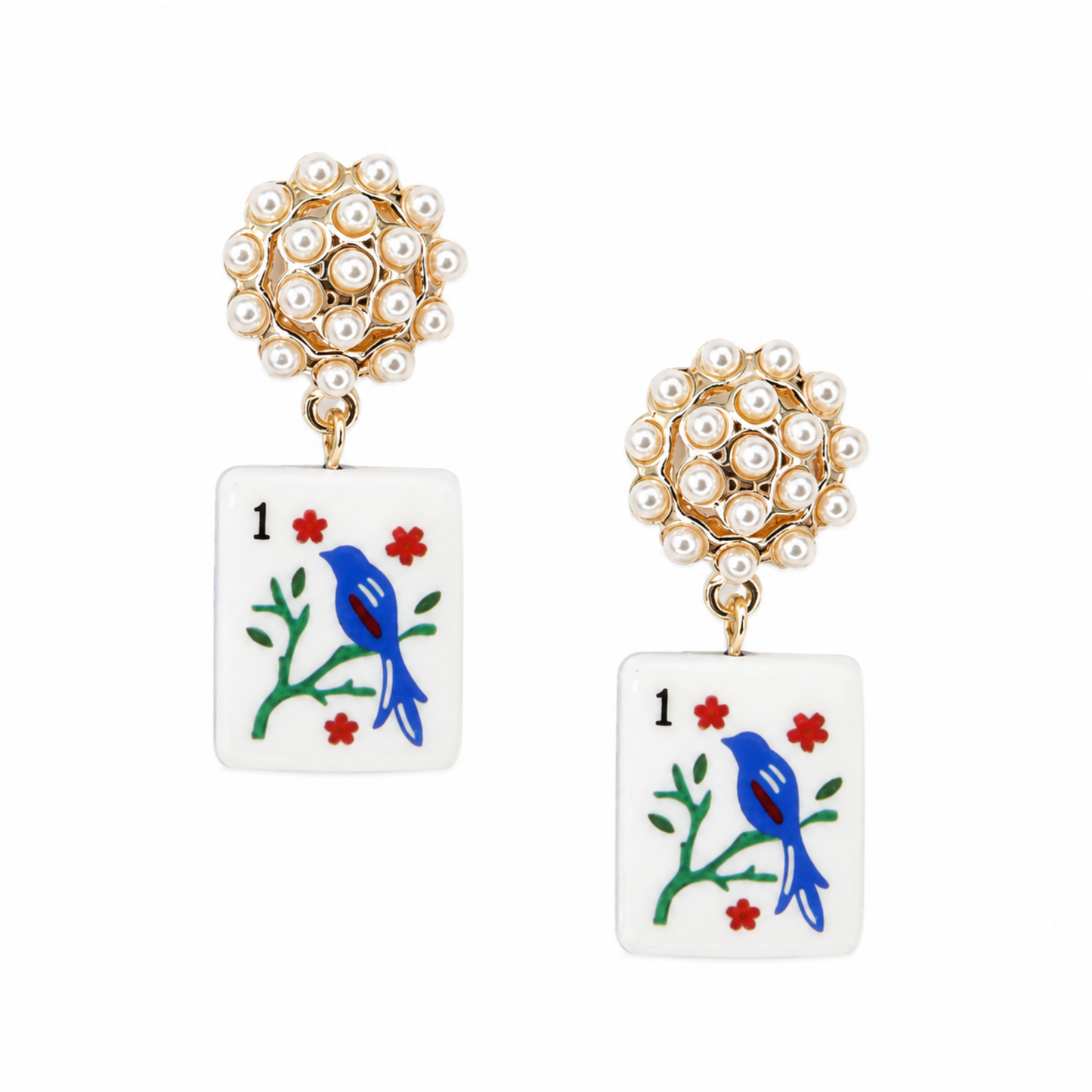 Bird Bam Mahjong Tile Pearl Cluster Drop Earrings