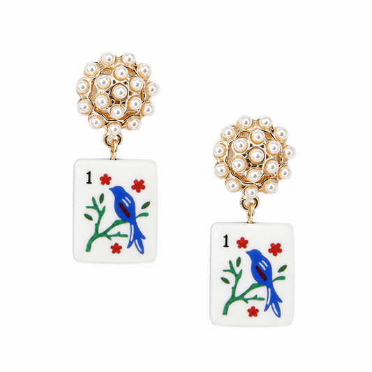 Bird Bam Mahjong Tile Pearl Cluster Drop Earrings