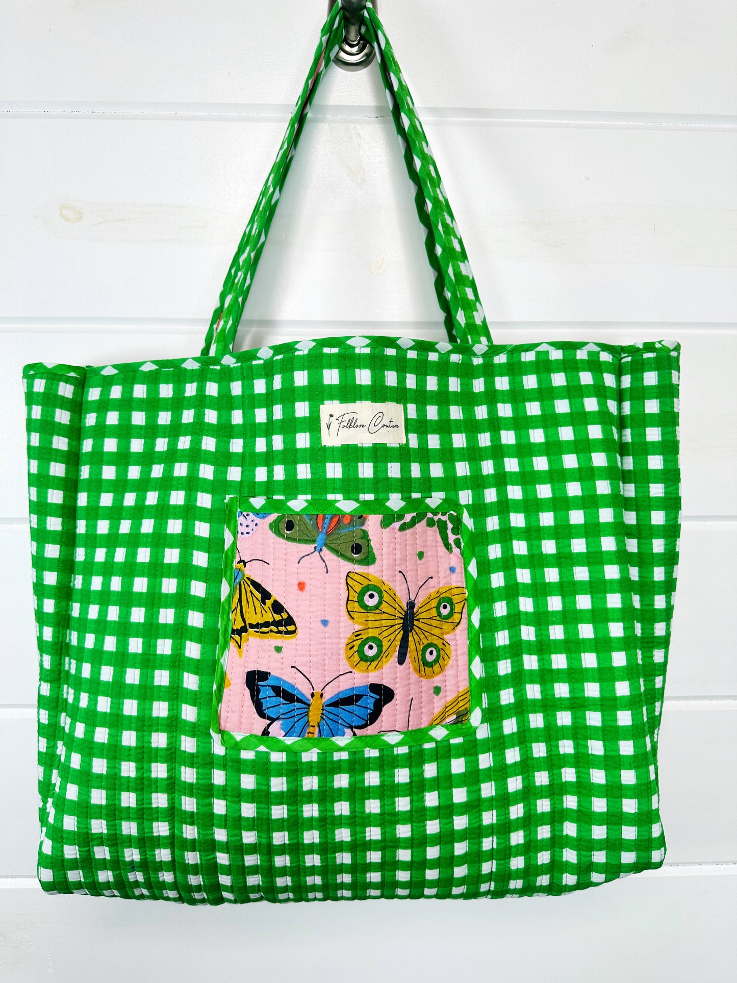 Pink Butterfly Print Large Quilted Tote Bag