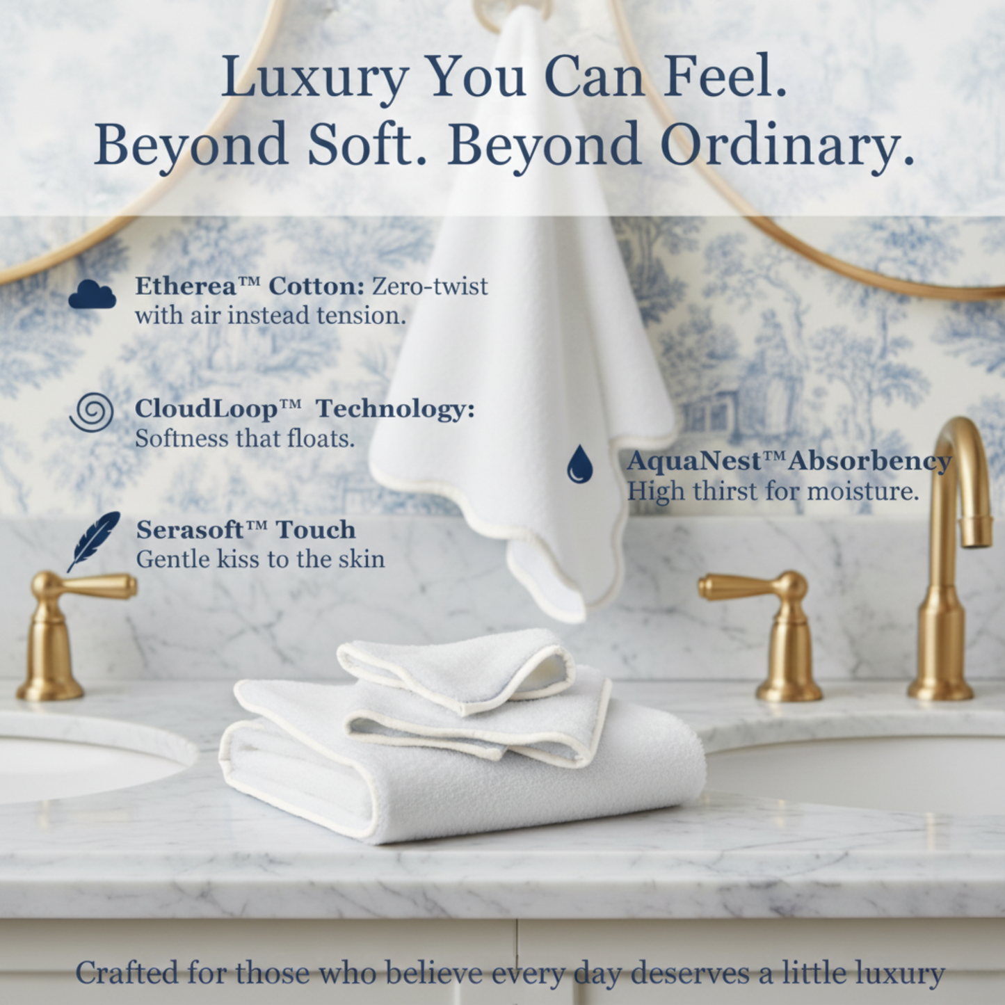 Luxury Cotton Hand Towels with Scallop Piping: Dispenza Blue Piping / Hand Towel (4 Piece Set)