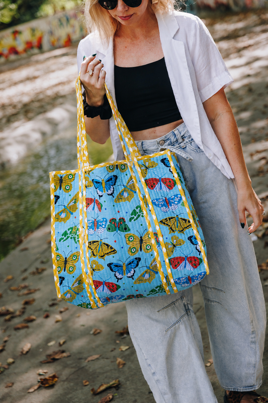 Blue Butterfly Print Large Quilted Tote Bag