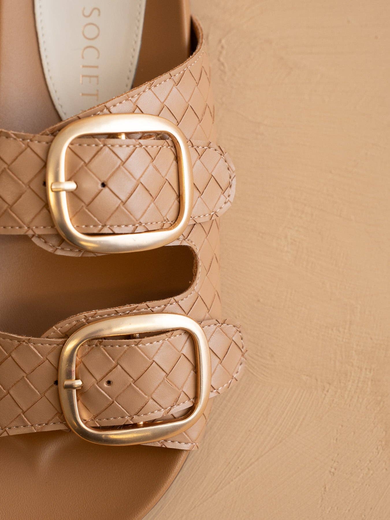 Almond Woven Slide with Oversized Gold Buckles