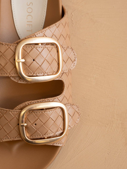 Almond Woven Slide with Oversized Gold Buckles