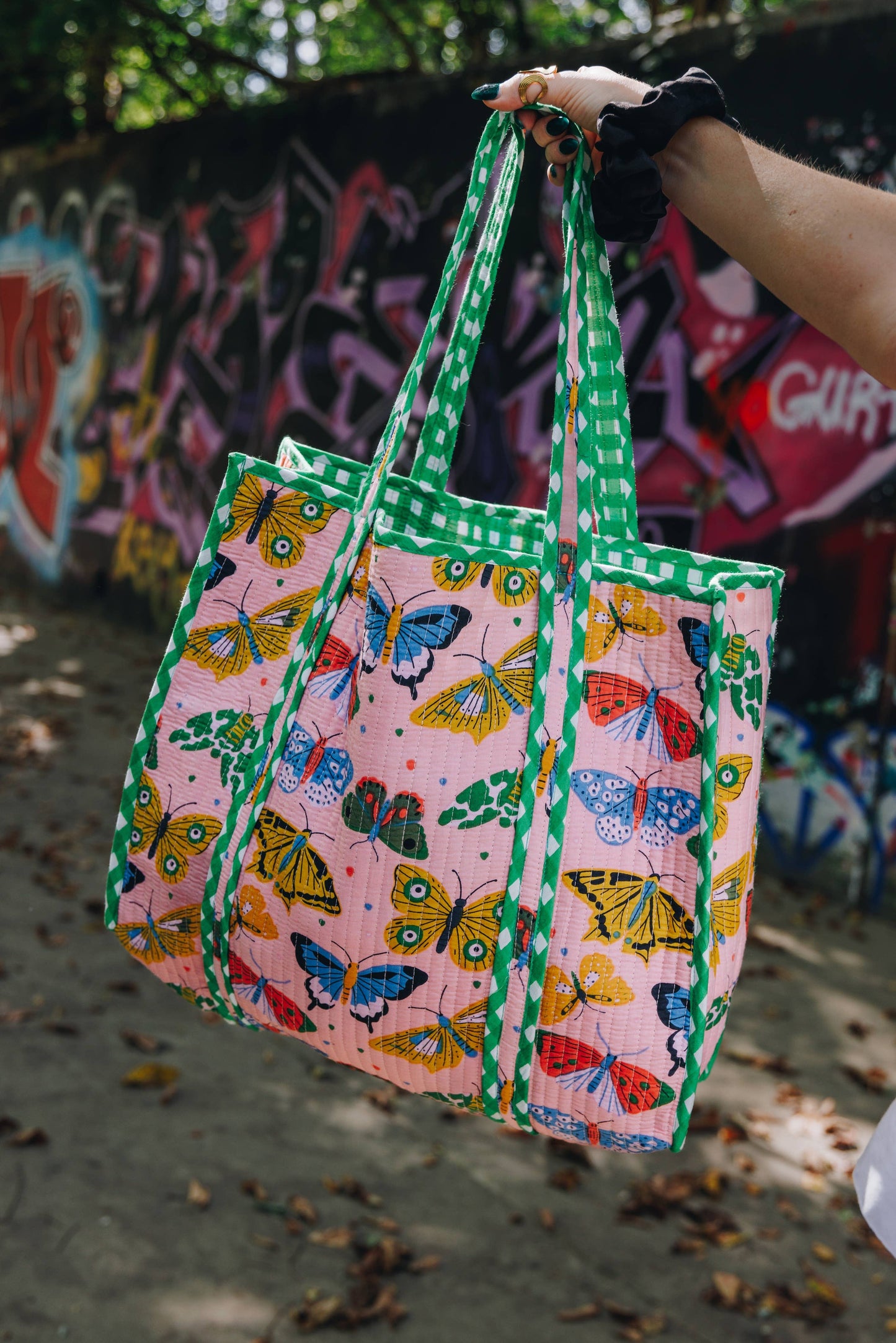 Pink Butterfly Print Large Quilted Tote Bag